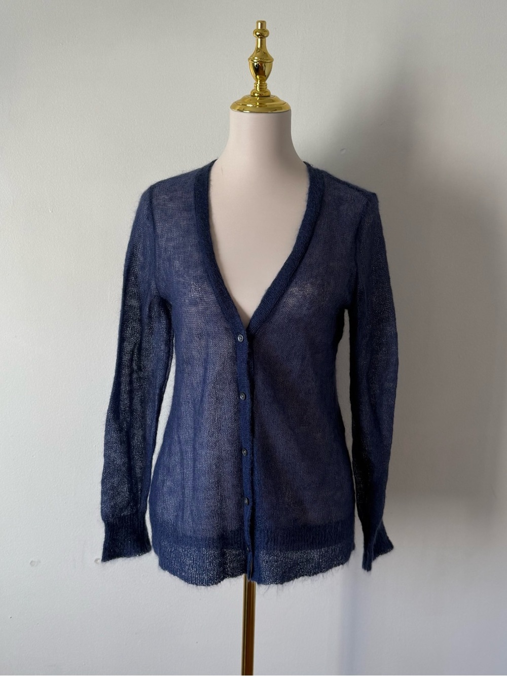 J. Jill Mohair Blend Fuzzy Sheer Cardigan Blue Minimalist Sweater Size S